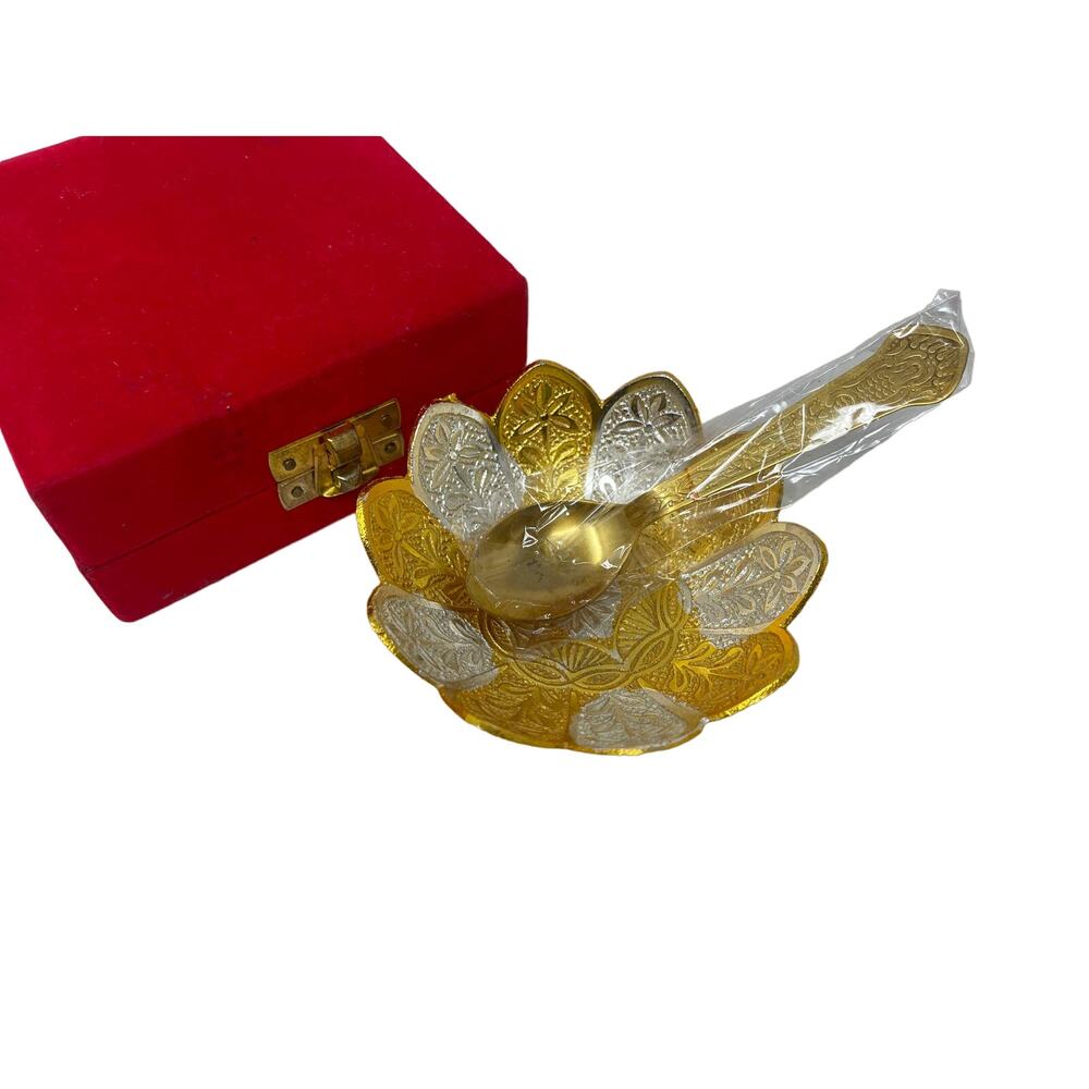 New German Silver Gold Plated Bowl & Spoon Boxed Gift Set Indian Wedding Compote